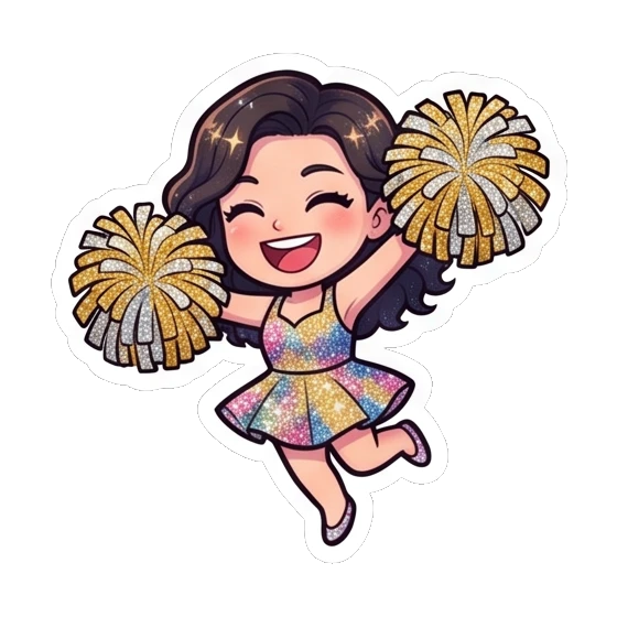 Girl cheering with pom-poms in a happy pose Sparkly Curly Girl Daily sticker for expressive chats and social replies.