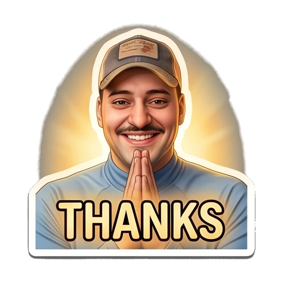 Man with mustache in cap praying with glowing thanks text Mustache Guy Daily Vibes sticker for expressive chats and social replies.