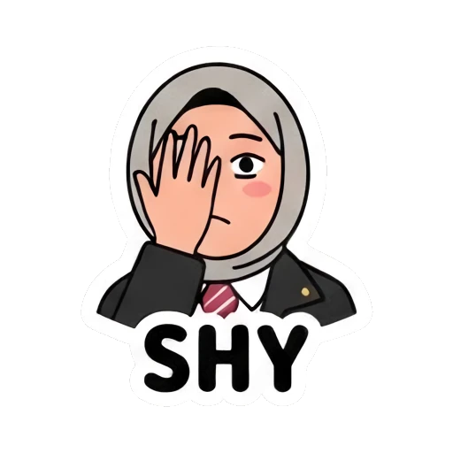 Hijabi student covering one eye, SHY text Hijabi Student Daily Life sticker for expressive chats and social replies.