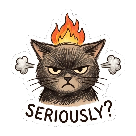 Angry black cat with fire on head and SERIOUSLY text Charcoal Sketch Kitties sticker for expressive chats and social replies.
