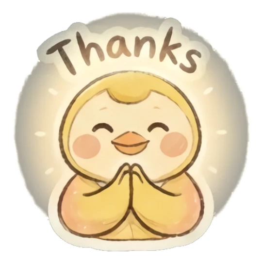 Grateful yellow chick with hands together saying Thanks. Fluffy Yellow Chick Daily sticker for expressive chats and social replies.