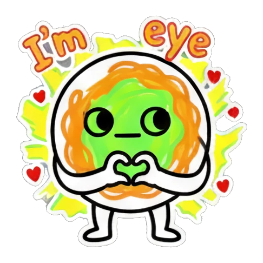 Spaghetti character making a heart shape with hands and 'I'm eye' text. Spaghetti Doodle Pals sticker for expressive chats and social replies.