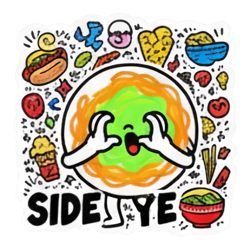 Circular food character looking suspicious with 'SIDE EYE' text Doodle Foodie Vibes sticker for expressive chats and social replies.