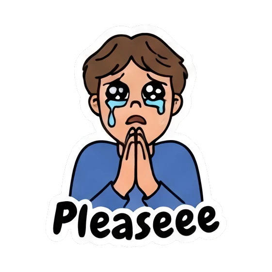 Boy crying with hands together with 'Pleaseee' text Cool Guy Daily Vibes sticker for expressive chats and social replies.