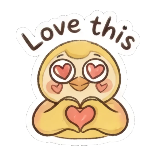 Loving yellow chick with heart eyes and hands forming a heart shape. Fluffy Yellow Chick Daily sticker for expressive chats and social replies.