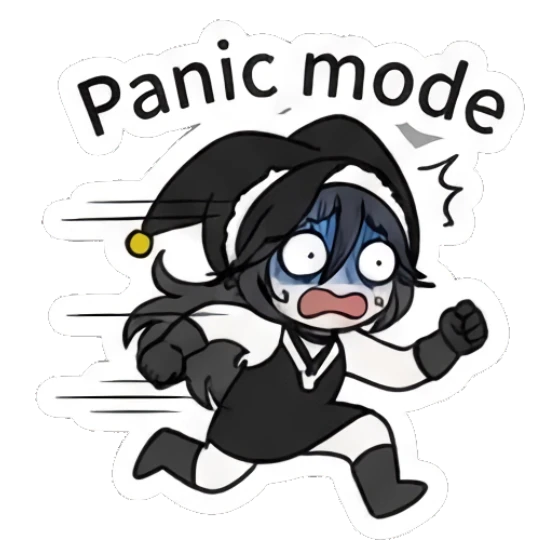 Jester girl running in panic with 'Panic mode' text Jester Girl Daily Moods sticker for expressive chats and social replies.