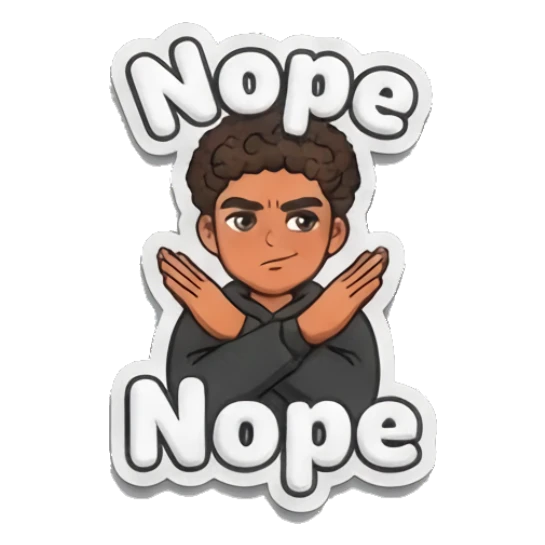 Curly-haired boy crossing arms to signal a firm nope. Curly Hair Boy Daily Vibes sticker for expressive chats and social replies.