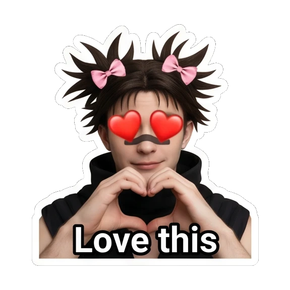 Young man making a heart shape with hands and text Love this Spiky Hair Boy Reactions sticker for expressive chats and social replies.