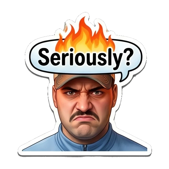 Man with mustache in cap looking angry with fire effect Mustache Guy Daily Vibes sticker for expressive chats and social replies.
