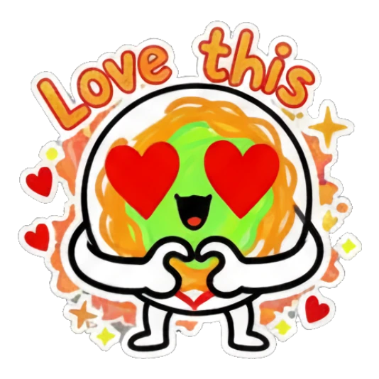 Spaghetti character with heart eyes, heart hands, and 'Love this' text. Spaghetti Doodle Pals sticker for expressive chats and social replies.