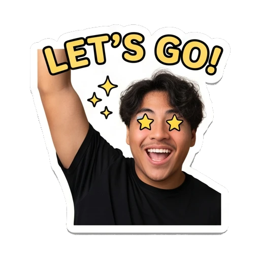 Young man looking excited with star eyes, text 'LET'S GO!' Daily Life of a Cool Guy sticker for expressive chats and social replies.