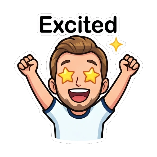 Bearded man feeling excited with star-shaped eyes and raised arms Cheerful Bearded Guy sticker for expressive chats and social replies.