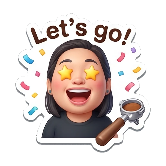 Woman with star eyes holding portafilter, text Let's go! Coffee Lover Daily Expressions sticker for expressive chats and social replies.