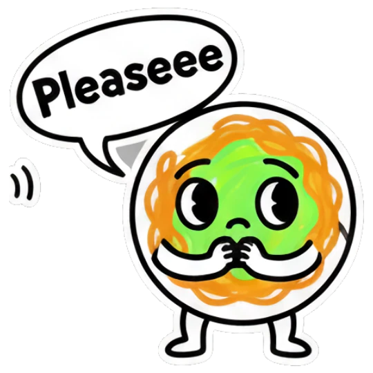 Noodle character pleading with Pleaseee text Noodle Buddy Vibes sticker for expressive chats and social replies.