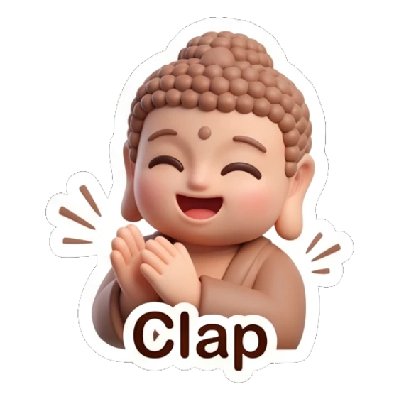 Little Buddha clapping hands with a joyful expression. Zen Little Buddha Vibes sticker for expressive chats and social replies.