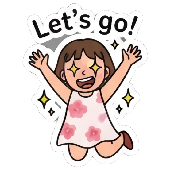Girl jumping with excitement and sparkling eyes, text Let's go! Cheerful Girl Daily Vibes sticker for expressive chats and social replies.