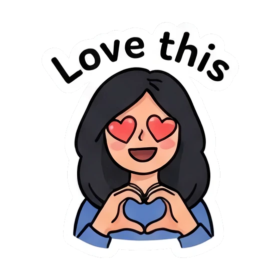 Girl making heart shape with hands, text 'Love this' Daily Life of a Cool Girl sticker for expressive chats and social replies.