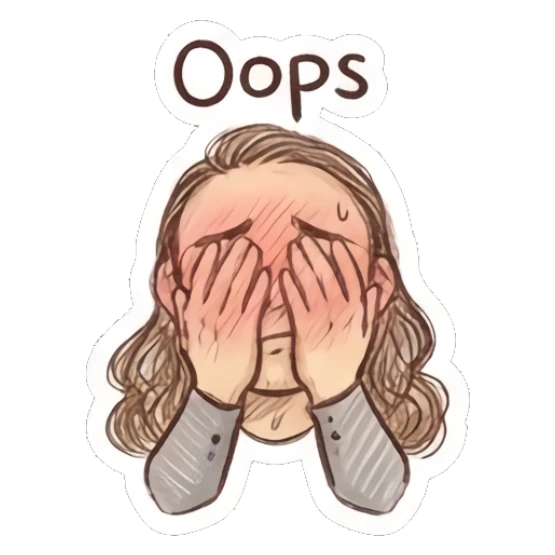 Embarrassed man covering his face with hands, text 'Oops' Cool Long-Haired Guy Vibes sticker for expressive chats and social replies.