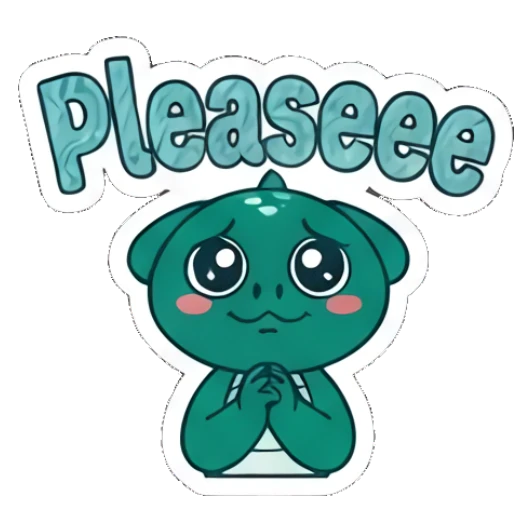 Pleading dinosaur with puppy eyes and text Pleaseee Teal Dino Daily Vibes sticker for expressive chats and social replies.