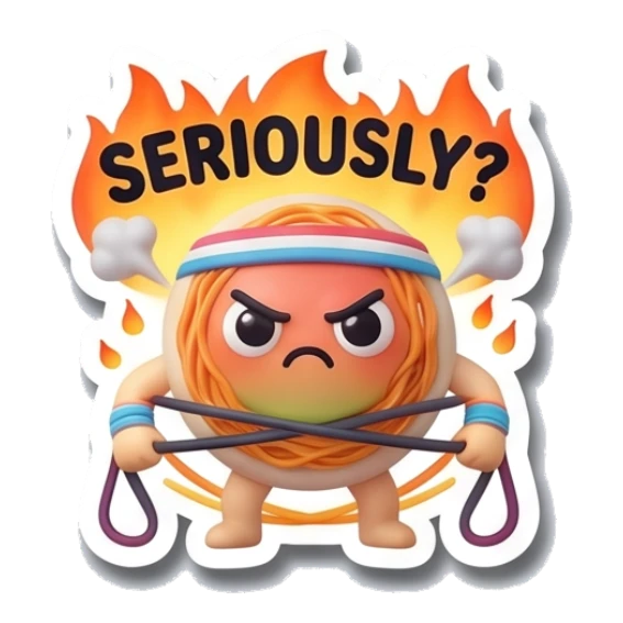 Noodle character angry with fire background and SERIOUSLY? text Gym Buddy Noodles sticker for expressive chats and social replies.