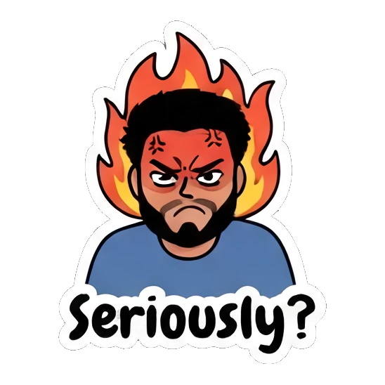 Angry bearded man with flames behind his head. Bearded Guy Daily Vibes sticker for expressive chats and social replies.