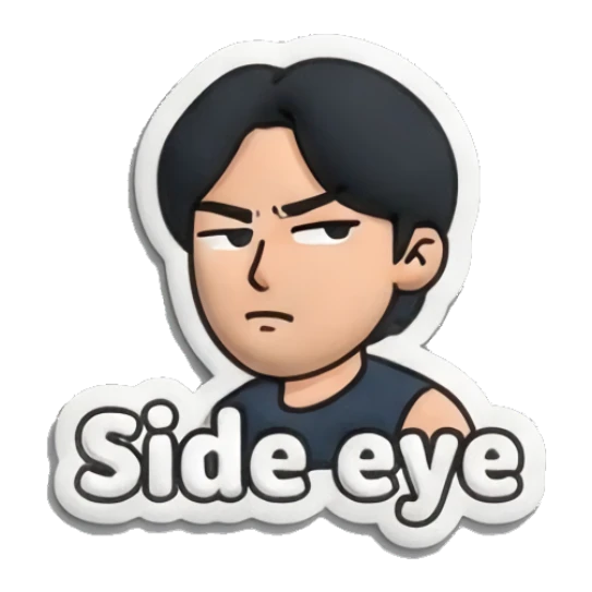 Boy giving side-eye look with text Side eye Puffy Boy Daily Vibes sticker for expressive chats and social replies.