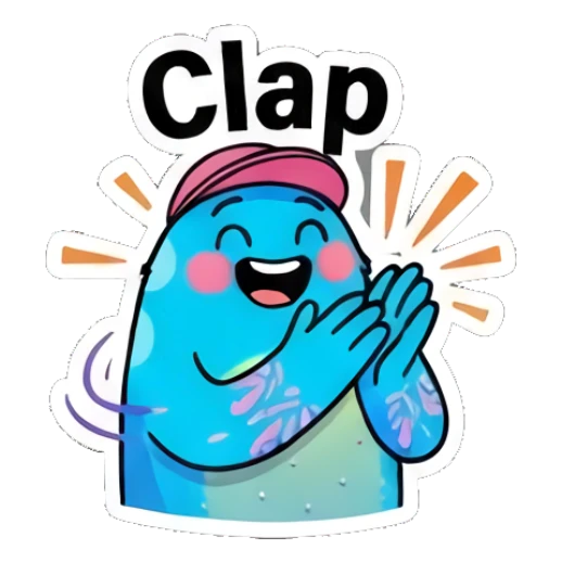Blue blob character clapping hands with excitement with text Clap. Blue Blob Vibes sticker for expressive chats and social replies.