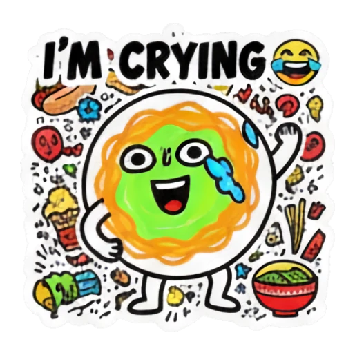 Circular food character crying with 'I'M CRYING' text Doodle Foodie Vibes sticker for expressive chats and social replies.