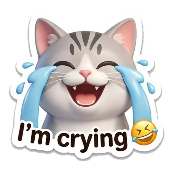 Happy laughing grey cat with tears of joy and text I'm crying Cute Grey Tabby Daily sticker for expressive chats and social replies.