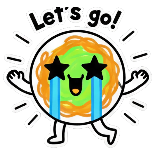 Noodle character crying with star eyes and Let's go! text Noodle Buddy Vibes sticker for expressive chats and social replies.