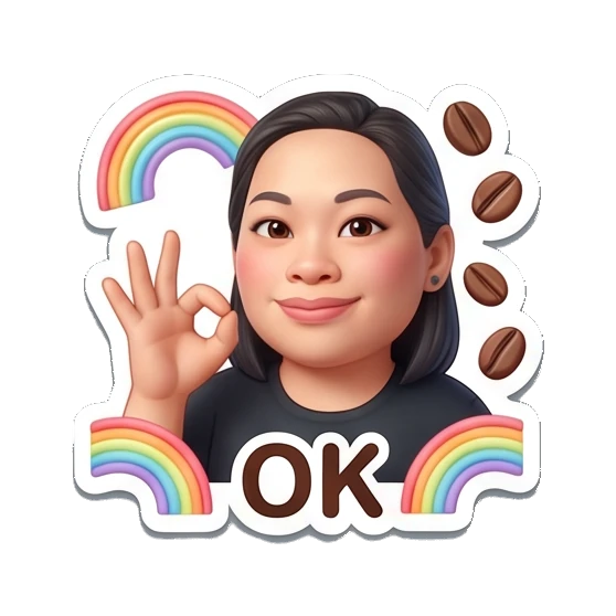Woman making OK sign with rainbow, text OK Coffee Lover Daily Expressions sticker for expressive chats and social replies.