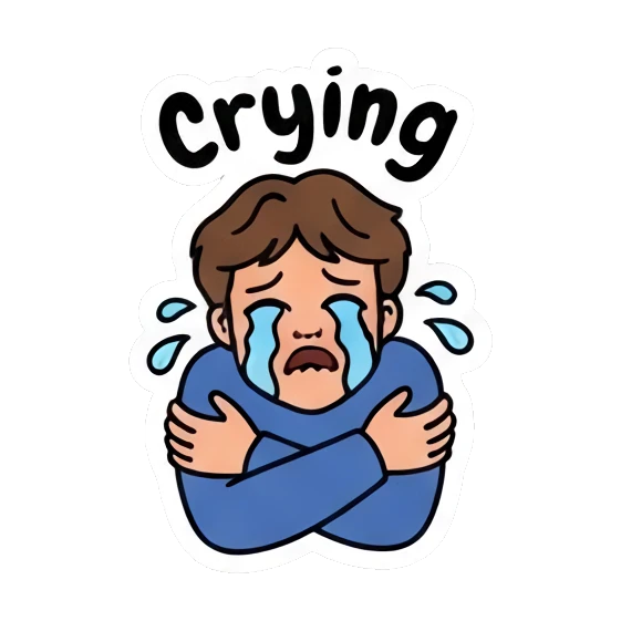 Boy crying with 'Crying' text Cool Guy Daily Vibes sticker for expressive chats and social replies.