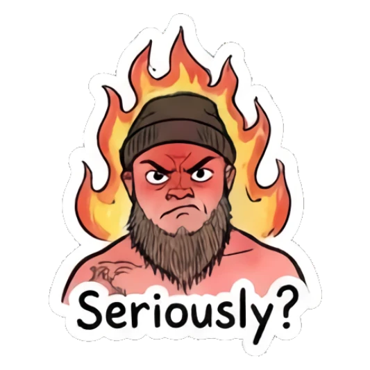 Bearded man looking angry with flames behind him Bearded Guy Moods sticker for expressive chats and social replies.