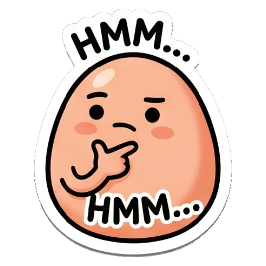 Thinking egg with hand on chin and text HMM... Little Egg Emotions sticker for expressive chats and social replies.
