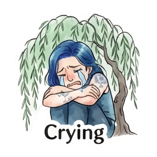 Blue-haired girl crying under a willow tree, text 'Crying' Blue-Haired Artist Daily sticker for expressive chats and social replies.