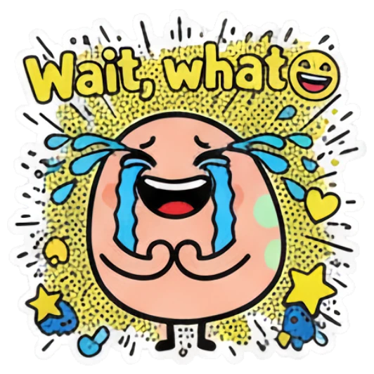 Crying egg character with tears and text 'Wait, what' in a yellow background. Keith Haring Style Egg Expressions sticker for expressive chats and social replies.
