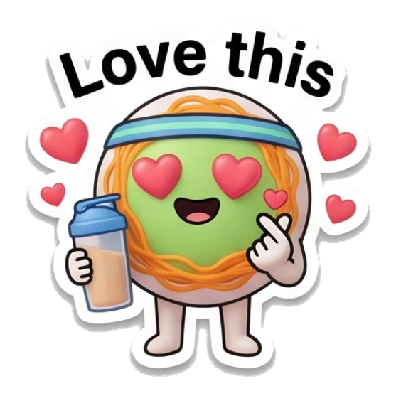 Happy noodle character holding a shaker bottle and making a heart hand sign with text Love this Gym Noodle Buddies sticker for expressive chats and social replies.