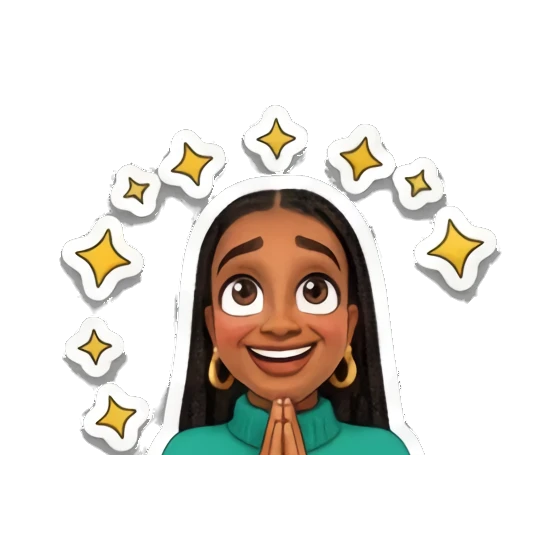 Young woman with hands together in a pleading pose, text 'Please' Vibrant Afro-Style Expressions sticker for expressive chats and social replies.