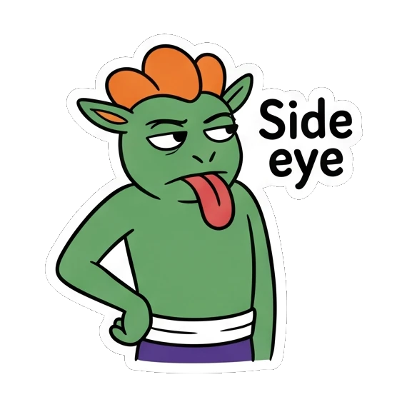 Skeptical green goblin giving side eye, text Side eye Green Goblin Mischief sticker for expressive chats and social replies.