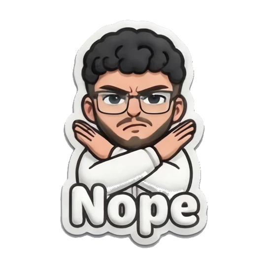 Man crossing arms in refusal with 'Nope' text Curly Hair Guy Daily Vibes sticker for expressive chats and social replies.