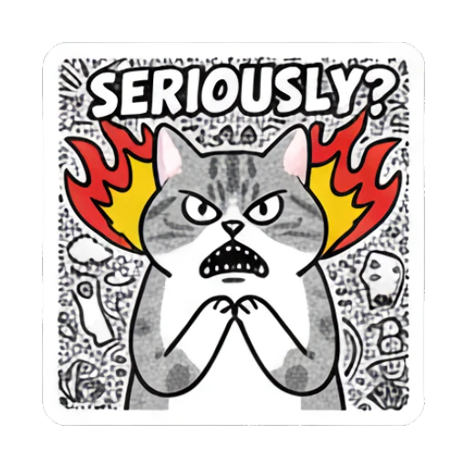 Angry cat with fire background and text SERIOUSLY Doodle Cat Daily Vibes sticker for expressive chats and social replies.