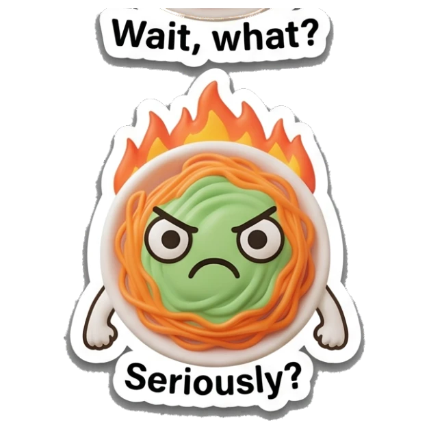 Spaghetti bowl with fire background and 'Seriously?' text, angry. Spaghetti Moods sticker for expressive chats and social replies.