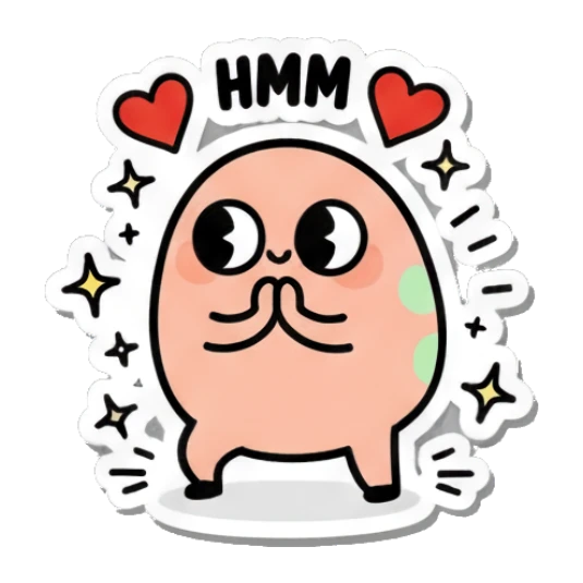 Thinking egg with 'HMM' text and floating hearts. Little Egg Emotions sticker for expressive chats and social replies.