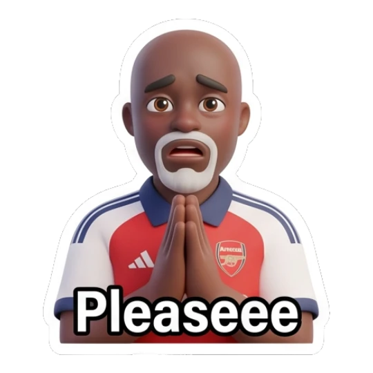 Man with hands together in a pleading gesture with text Pleaseee Arsenal Fan Emotions sticker for expressive chats and social replies.