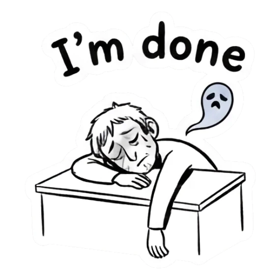 Exhausted man slumped over a desk with a ghost spirit saying I am done Doodle Guy Daily Vibes sticker for expressive chats and social replies.