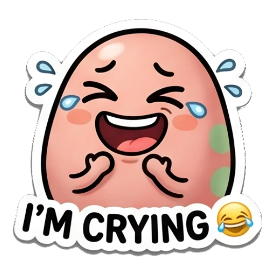 Pink egg laughing with tears of joy and text I'M CRYING Pinky Egg Expressions sticker for expressive chats and social replies.