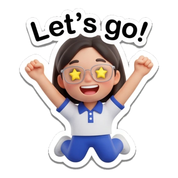 Girl with glasses jumping with joy, star-shaped eyes, saying Let's go. Cheerful Glasses Girl Daily sticker for expressive chats and social replies.