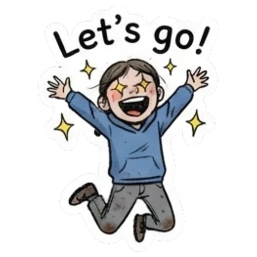 Excited girl jumping with joy and text Let's go! Daily Moods of a Girl sticker for expressive chats and social replies.
