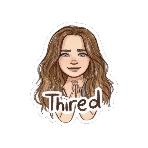 Curly-haired girl looking tired with hands together. Curly Haired Girl Moods sticker for expressive chats and social replies.