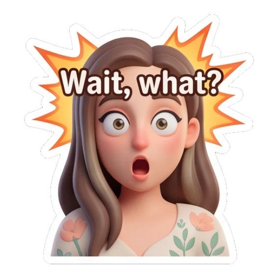 Girl looking surprised with text Wait, what? Cheerful 3D Girl Expressions sticker for expressive chats and social replies.